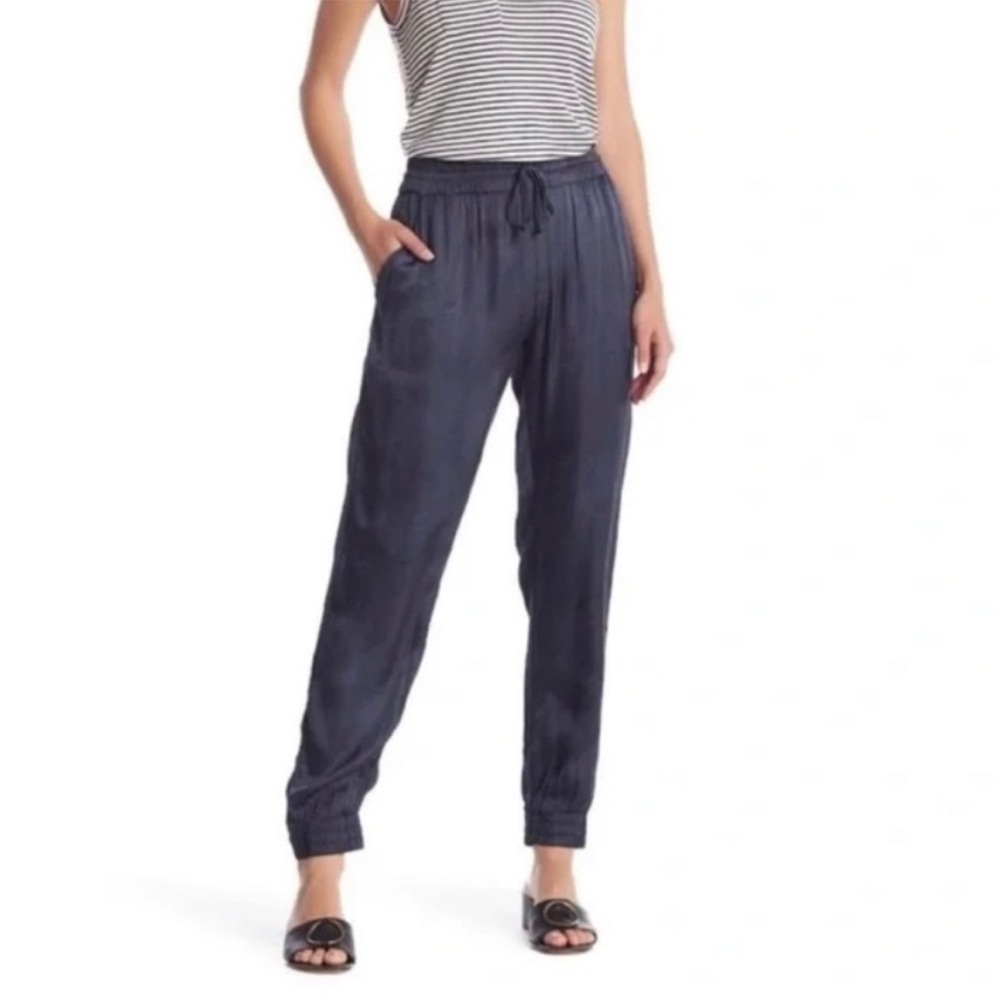 YOUNG, FABULOUS & BROKE Silk Satin Joggers in Navy, Size XS